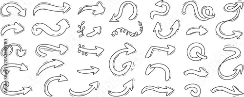 Hand drawn doodle arrow collection with various shapes and styles in black and white for and accents