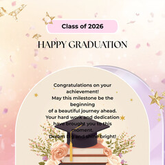 Elegant graduation card design featuring a cap on books, flowers, and gold stars on a pastel background