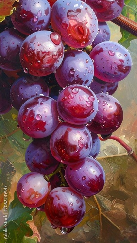 A vibrant cluster of purple grapes hangs from a vine surrounded by lush green leaves