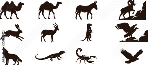 Canvas Print Wildlife Animal Silhouette Collection Featuring Camel Donkey Eagle Wolf Scorpion