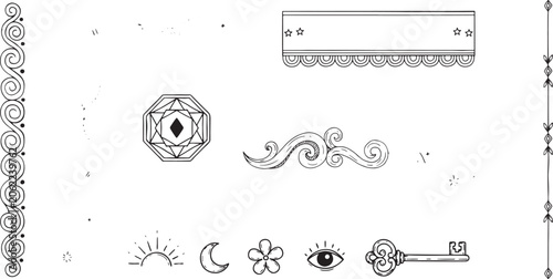 Hand-drawn black decorative including a border, geometric shapes, celestial symbols, and a key octagon