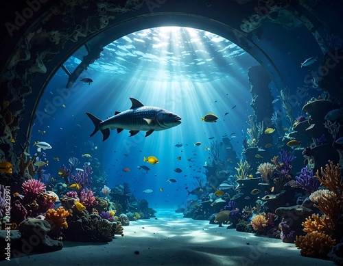 A vibrant underwater scene with a large fish swimming through an archway surrounded by coral and schools of smaller fish