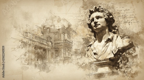 Antique artistic rendering features a classical marble bust superimposed over architectural sketches and faded script.