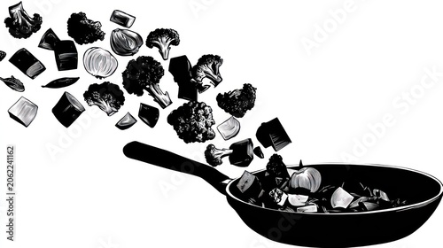 Assorted chopped vegetables tumble dynamically into a cooking pan illustration