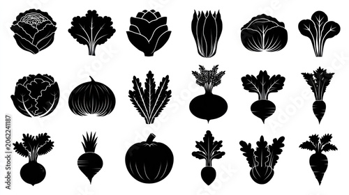 Collection of various root vegetables and leafy greens depicted in black silhouette style