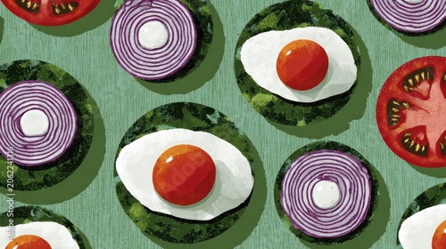 Various healthy food toppings are arranged in a repeating pattern across a textured surface