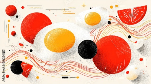 Abstract composition features stylized fried eggs and vibrant geometric elements against a light background