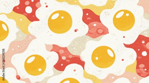 Repeating pattern featuring stylized fried eggs and abstract shapes in warm tones
