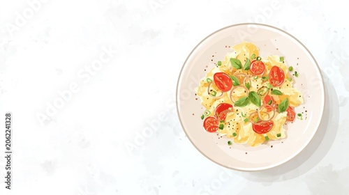 Delicious looking cooked pasta dish with fresh toppings served on a white plate viewed from above