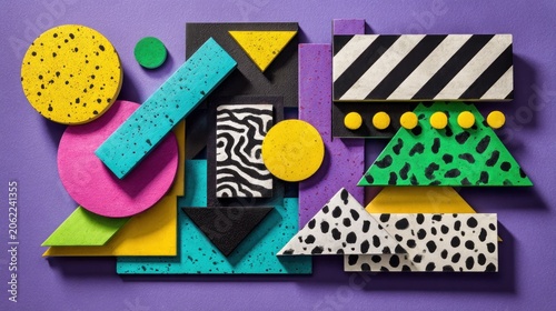 Vibrant three dimensional abstract composition featuring layered geometric shapes and bold patterns