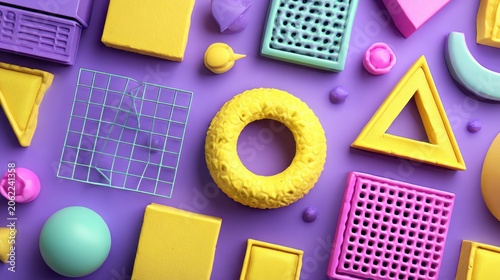 Collection of colorful geometric shapes arranged against a vibrant background creates a playful abstract composition.