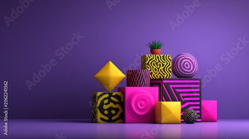 Stacked arrangement of colorful three dimensional geometric shapes creates vibrant abstract composition
