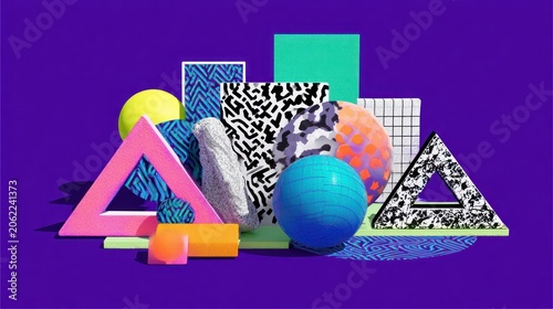 Assortment of vibrant geometric shapes and textured elements arranged in a dynamic composition against a deep purple backdrop