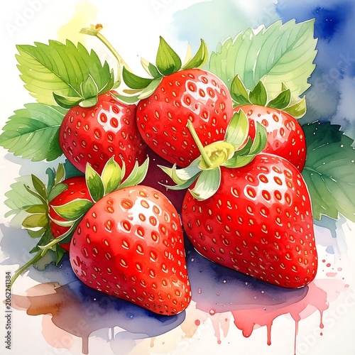 A vibrant still life of plump, ripe strawberries with green leaves on a colorful watercolor background