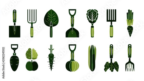 Collection of stylized gardening tools and various produce items depicted in shades of green
