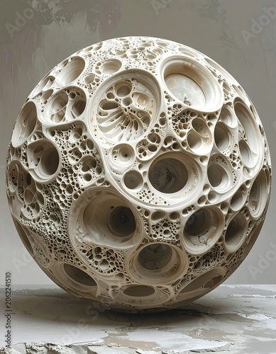 A white, intricately carved sphere with numerous holes and organic patterns, resembling a moon or a fossil