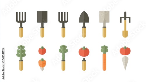 Various handheld gardening implements and fresh produce displayed in rows