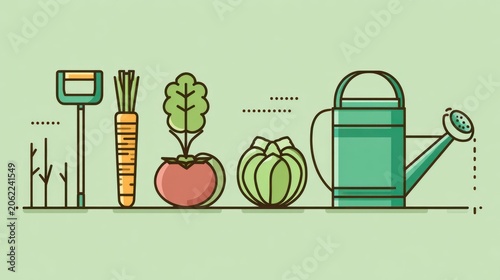 Cultivation tools and freshly grown produce displayed in a linear arrangement against a soft background.