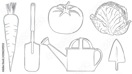 Outline illustrations depict essential gardening equipment and fresh produce items for cultivation
