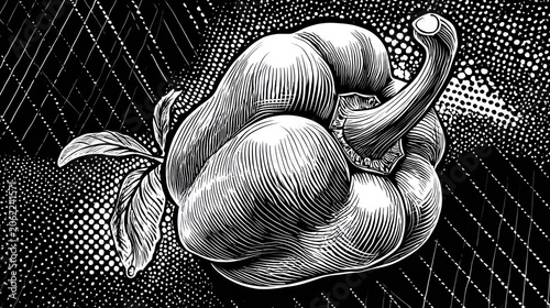 Monochromatic engraving style illustration depicts a bell pepper with leafy stem against an abstract background.