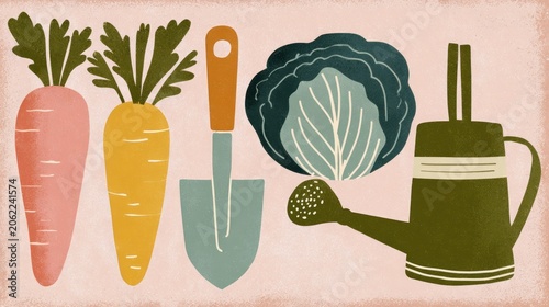 Assortment of colorful garden harvest vegetables and essential cultivation tools displayed on a textured background.