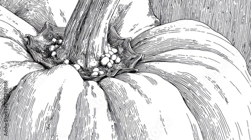 Detailed engraving illustration captures the top stem area of a mature squash with visible seeds