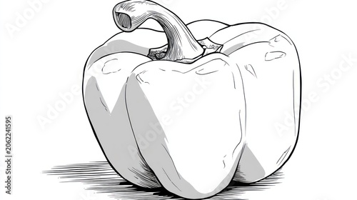 Monochrome illustration depicts a single bell pepper with strong outlines and shading against a white background.