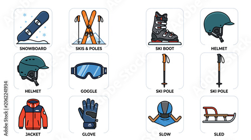 Bild auf Leinwand Collection of winter sports equipment and clothing icons.