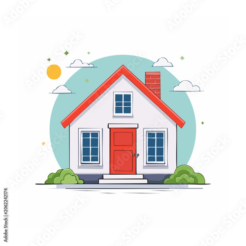 Flat design illustration of a red house with blue roof