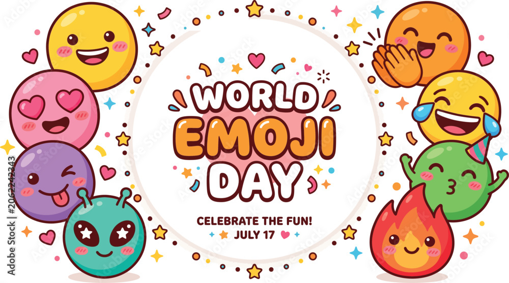 Fototapeta premium World Emoji Day July 17 Kawaii Cute Emoji Characters Celebration Banner for Social Media and Digital Greeting Cards