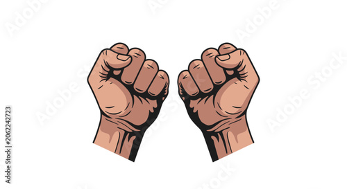 Two raised clenched fists symbolizing power, resistance, solidarity, and protest against a plain white background.