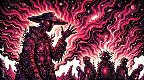 surrealistic nightmare gothic style illustration of mysterious human like figure with evil powers with monster followers