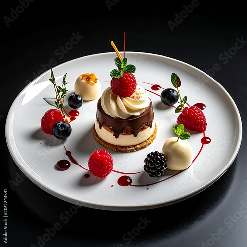 A dessert plate with chocolate cake, whipped cream, and fresh berries