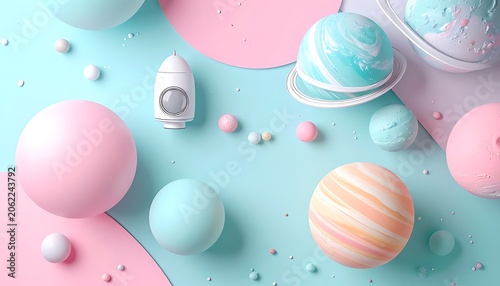 Pastel colored planets and space objects.