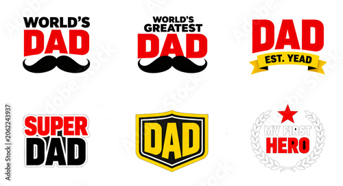 Collection of minimalist Father's Day badges and typographic logos featuring hero motifs, mustaches, and celebration slogans for dads