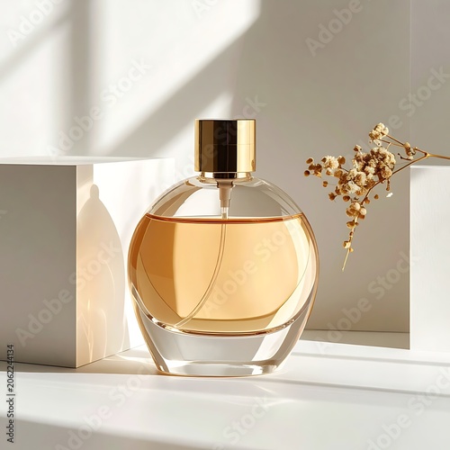 Perfume bottle on a windowsill with flower.