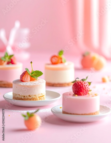 Pink desserts with strawberries on top.