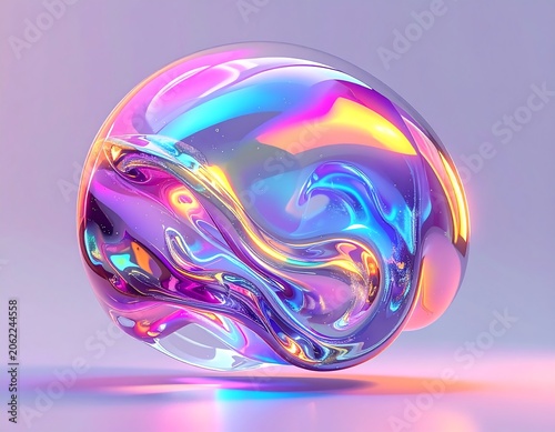 A shiny, iridescent sphere with swirling rainbow colors on a light purple background