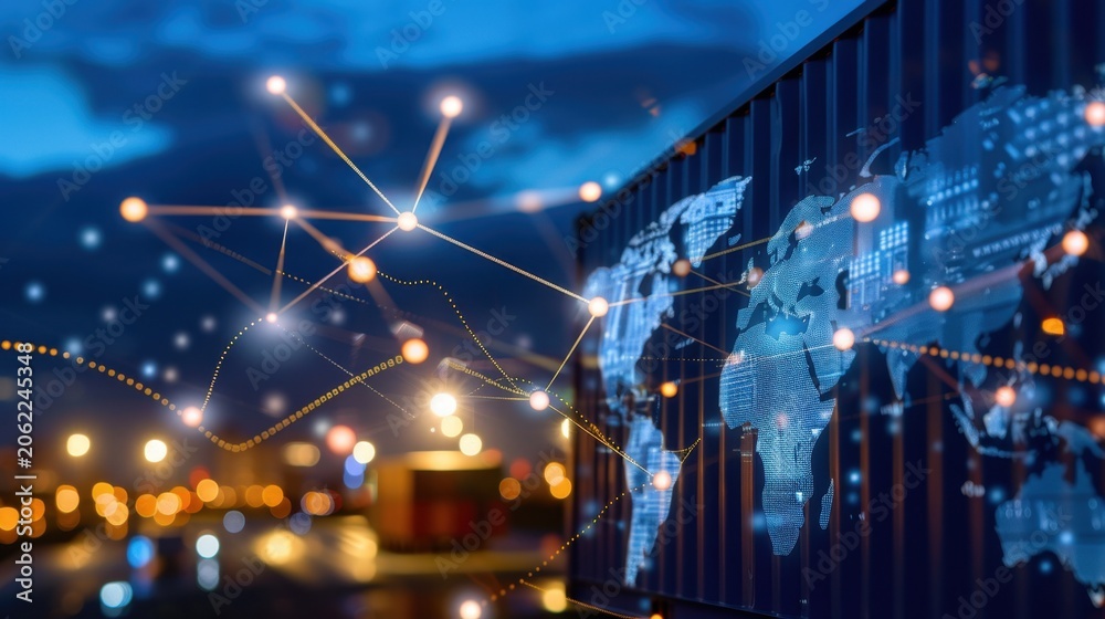 Fototapeta premium Global Connectivity Concept with Night Cityscape and Shipping Containers Highlighting Technology and Communication