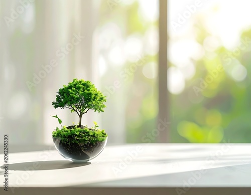 Small potted tree on white surface.