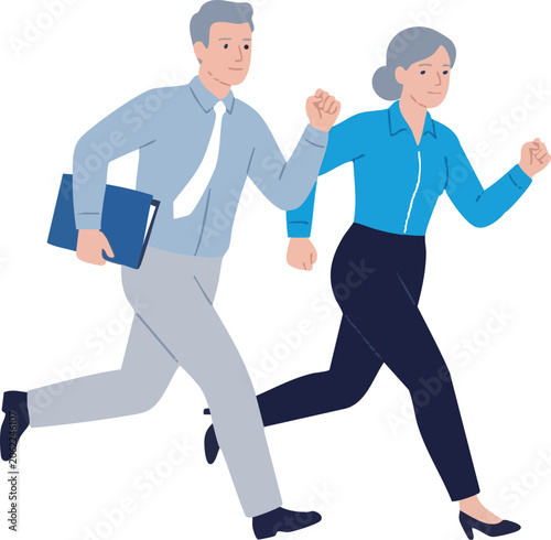 Running businesspeople illustration with white background, dynamic office scene