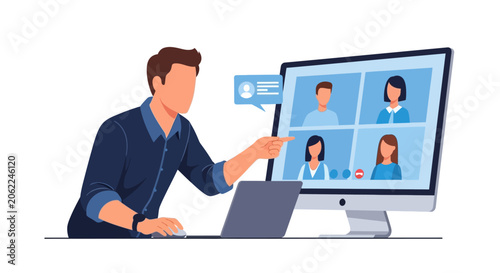 Man leading a virtual meeting with multiple participants.