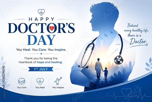 Happy doctors day celebration graphic design with stethoscope and silhouette medicine hospital healthcare physician wellness