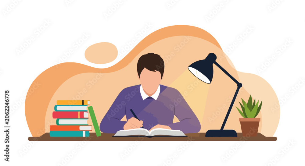 Fototapeta premium Student studying at desk with books and lamp.