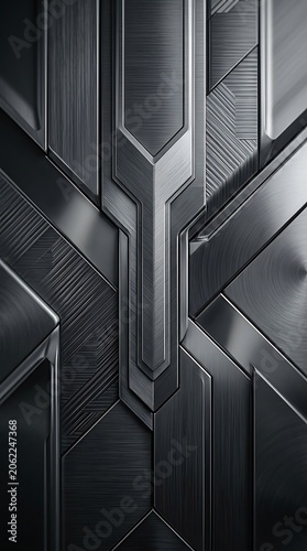 Futuristic dark metallic geometric plates with brushed texture