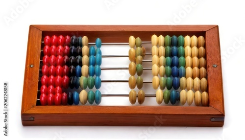 Colorful abacus with wooden frame for mathematical calculations.