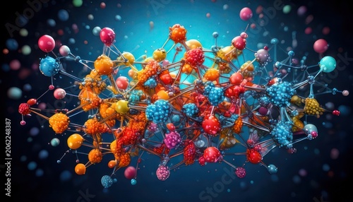 Colorful Abstract Network of Spheres and Connections on a Gradient Background.