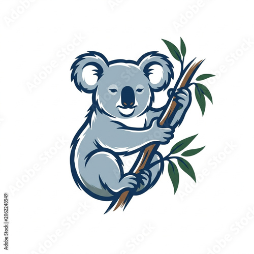 Canvas Print Cute cartoon koala bear clinging to a tree branch with green leaves