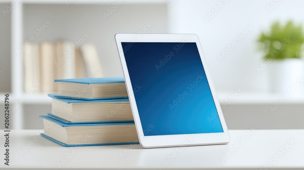 Fototapeta premium Modern digital tablet resting against stack of blue-covered books on a sleek white desk in a bright, minimalist interior environment with soft lighting