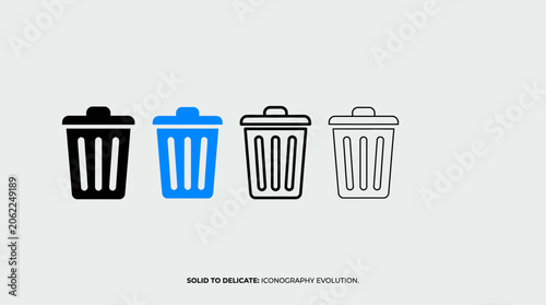 Trash can icon progression, symbolizing design evolution, fading transition of style, modern simplification, visual transformation, considerable aesthetic development.